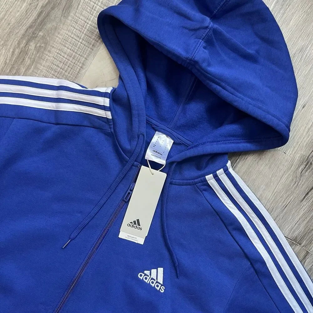 NWT Adidas Essentials French Terry 3-Stripes Full-Zip Hoodie Royal Blue Sz Small